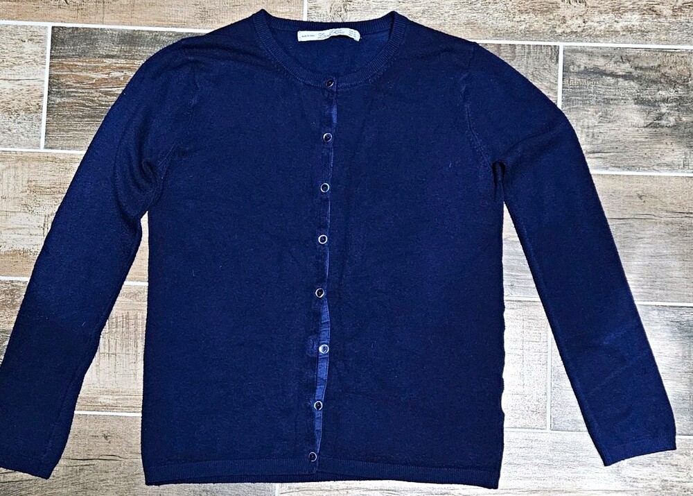 Zara Knit Women's Blue M Solid Crew Neck Long Sleeve Button Front Cardigan.183